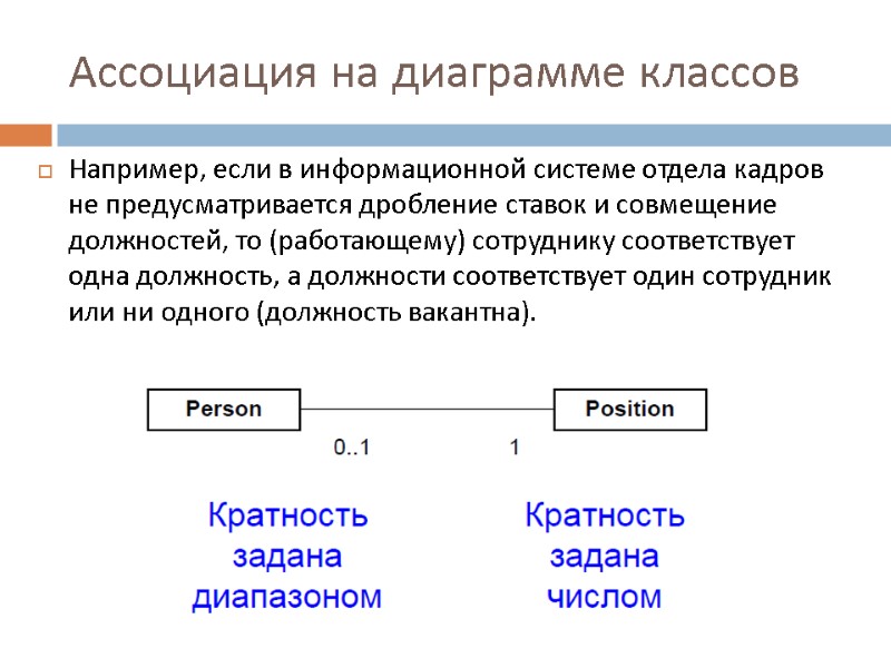 Ассоциация на диаграмме классов Например, если в информационной системе отдела кадров не предусматривается дробление